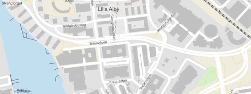 Kartbild över området kring Hamngatan i Solna samt omkringliggande gator
